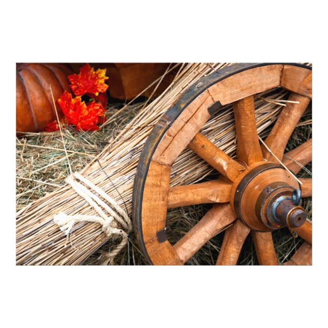 Impression Photo Une roue de panier, foin, Citrouille (Devant)