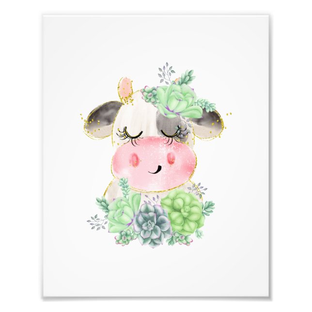 Impression Photo Vache à l'aquarelle avec succulentes (Devant)