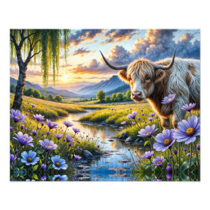 Impression Photo Vache croisée Highland/Longhorn dans un paysage fl