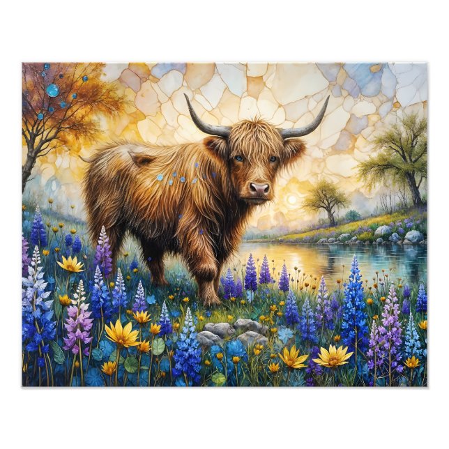 Impression Photo Vache des Highlands dans un paysage de vallée fleu (Devant)