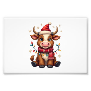 Impression Photo Vache des Highlands de Noël vintage dans un chapea