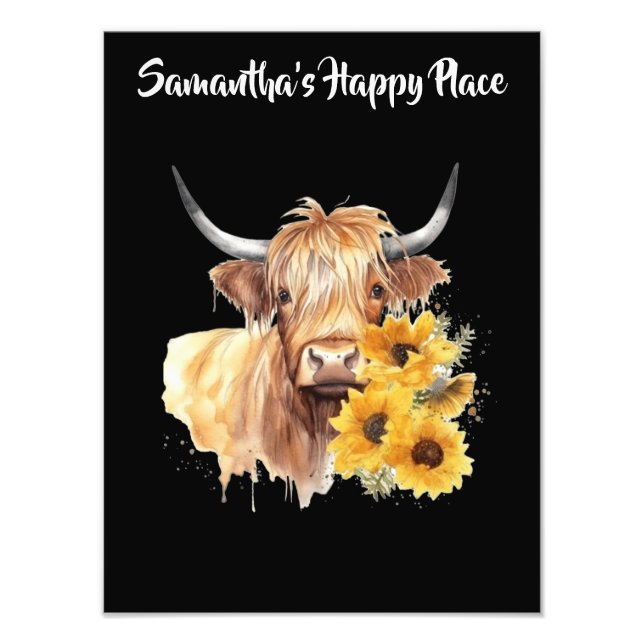 Impression Photo Vache écossaise Highland avec des tournesols. Modi (Devant)