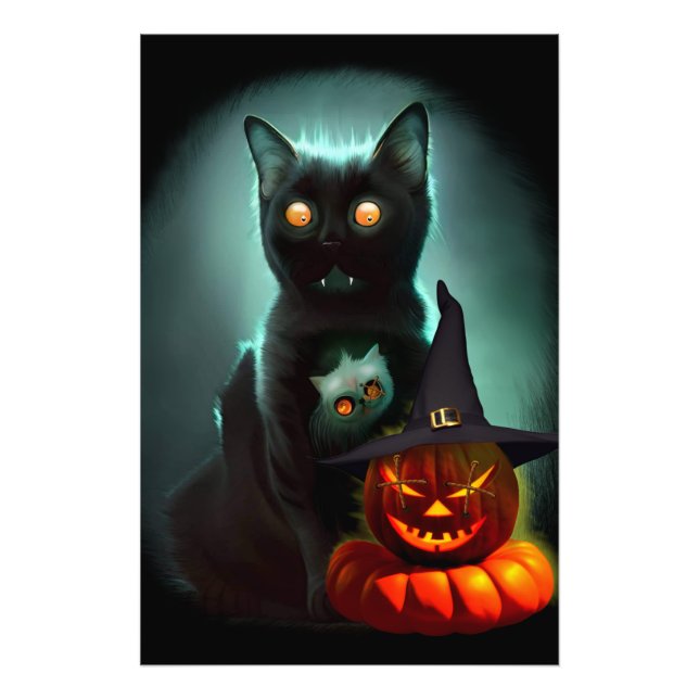 Impression Photo Vampire Chat et Assistant Citrouille Halloween Sur (Devant)