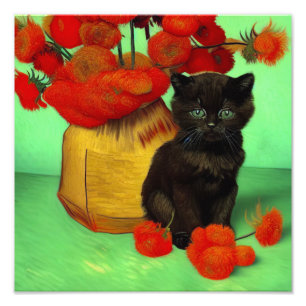 Impression Photo Van Gogh Black Kitten Fleurs rouges