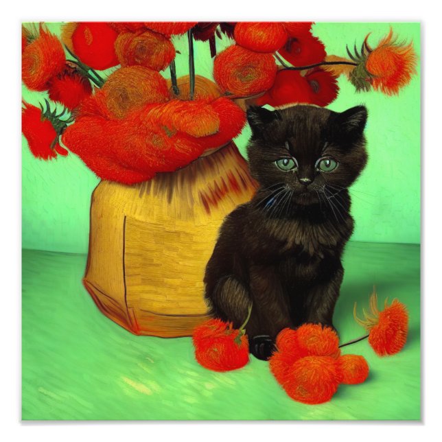 Impression Photo Van Gogh Black Kitten Fleurs rouges (Devant)