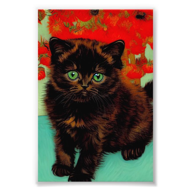 Impression Photo Van Gogh Chat noir Fleurs rouges (Devant)