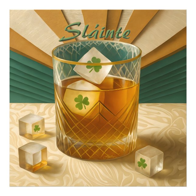 Impression Photo Verre à Whiskey Irlandais Trèfle Glaçon "Sláinte!" (Devant)