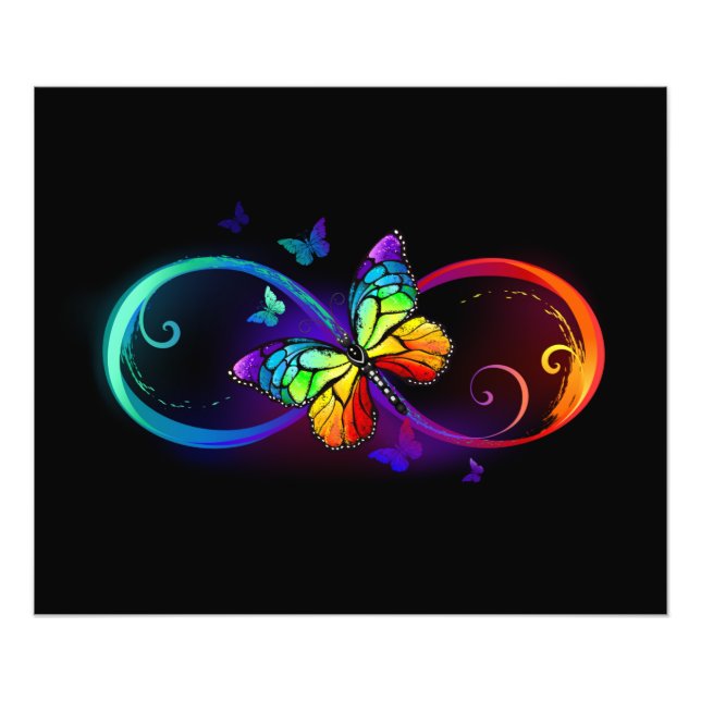 Impression Photo Vibrant infinity with rainbow butterfly on black (Devant)