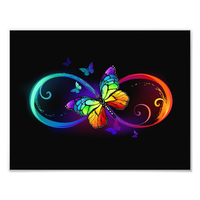 Impression Photo Vibrant infinity with rainbow butterfly on black (Devant)