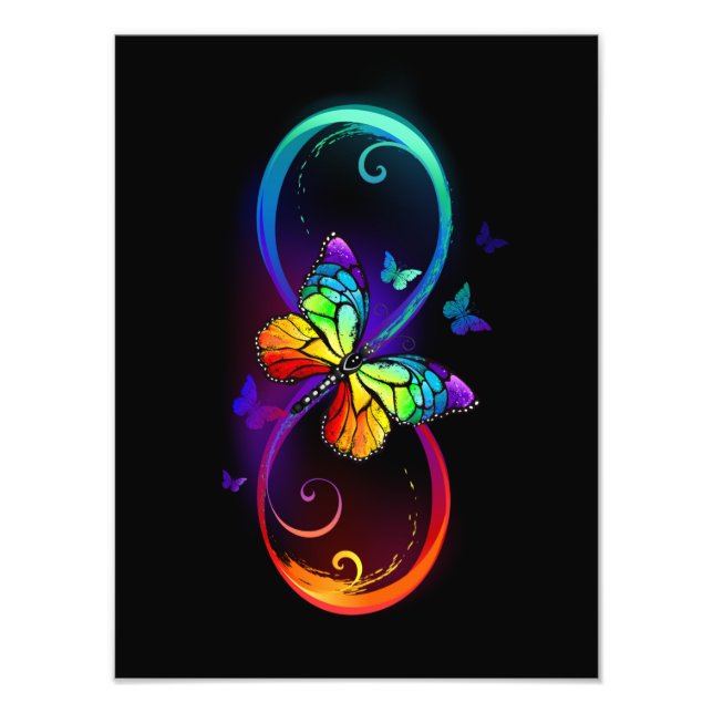 Impression Photo Vibrant infinity with rainbow butterfly on black (Devant)