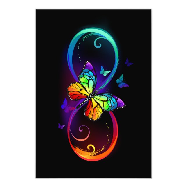 Impression Photo Vibrant infinity with rainbow butterfly on black (Devant)