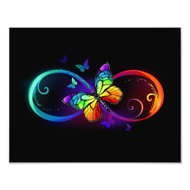 Impression Photo Vibrant infinity with rainbow butterfly on black (Devant)