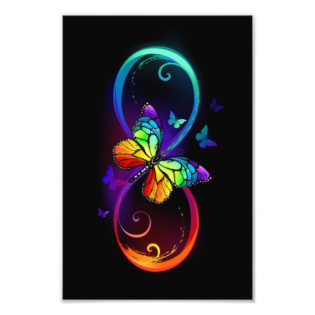 Impression Photo Vibrant infinity with rainbow butterfly on black (Devant)
