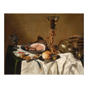 Impression Photo Vie morte avec jambon, livres et vaisseaux ornemen