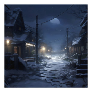 Impression Photo Village d'hiver de la nuit de neige