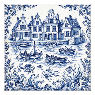 Impression Photo Ville de Delft & Port de Pêche Bleu Cobalt Blanc