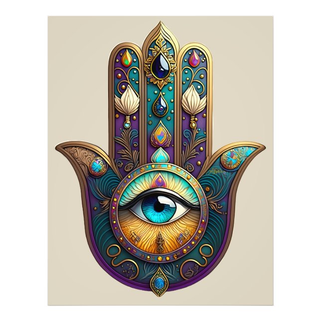 Impression Photo Violet sarcelle doré Hamsa avec troisième œil turq (Devant)