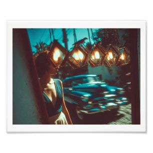 Impression Photo Voiture cubaine classique, femme marche devant les