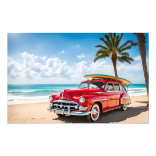 Impression Photo Voiture vintage à la plage avec planche de surf