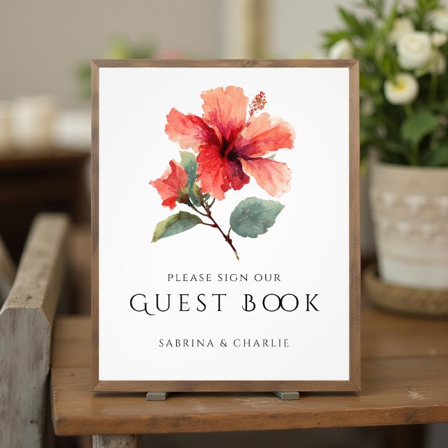 Impression Photo Watercolor Hibiscus Flower Wedding Guest Book Sign (Créateur téléchargé)