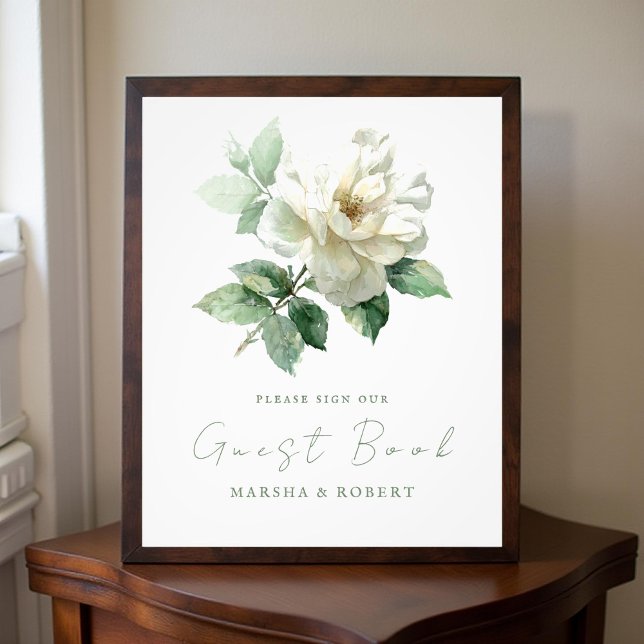 Impression Photo Watercolor White Rose Wedding Guest Book Sign (Créateur téléchargé)