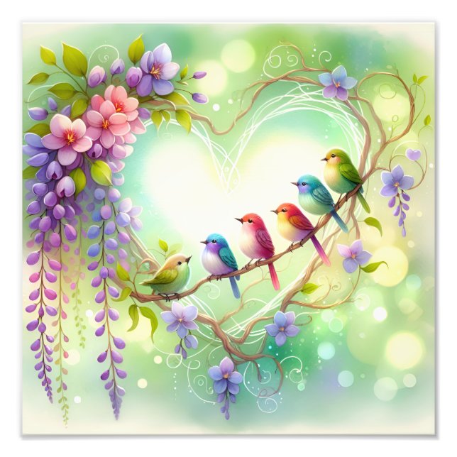 Impression Photo Whimsical Floral Heart Birds Watercolor Design (Devant)