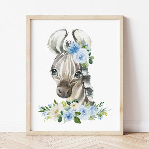 Impression Photo Zebra, Safari, Jungle, Blue Flowers, Boy Nursery