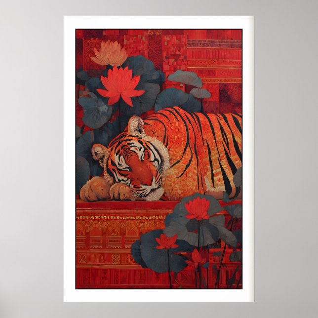 Impression sereine de tigre indien, style d'art fo (Devant)