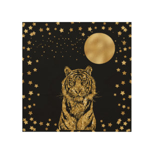 Impression Sur Bois Les étoiles du tigre d'or et la lune en noir