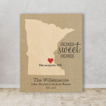 Impression Sur Bois Minnesota State Love Nom de famille personnalisé É<br><div class="desc">Montrez à votre Minnesota et votre famille l'amour/la fierté avec cette belle peinture murale en bois sur mesure. Un design rustique chic à grain de bois comprend une silhouette de carte d'état MN, typographie "Home Sweet Home", un coeur rouge montrant où vous vivez, le tout contre un arrière - plan...</div>