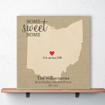 Impression Sur Bois Ohio State Map Love Custom Nom de famille Établi<br><div class="desc">Montrez à votre Ohio et à votre famille l'amour/la fierté avec cette belle peinture murale en bois sur mesure. Un design rustique chic à grains de bois présente une silhouette de carte de l'état OH, typographie "Home Sweet Home", un coeur rouge montrant où vous vivez, le tout contre un arrière...</div>