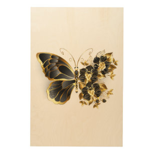Impression Sur Bois Papillon à fleurs d'or avec orchidée noire