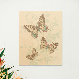 Impression Sur Bois Papillons d'art encastré et vert floral graphique