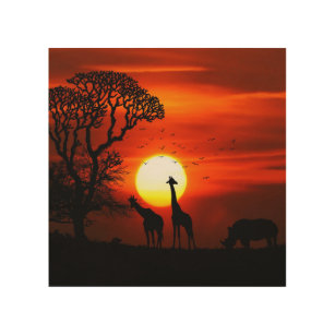 Impression Sur Bois Silhouettes africaines d'animal de coucher du