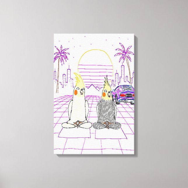"Impression sur toile Cockatiels Vaporwave Coucher (Recto)