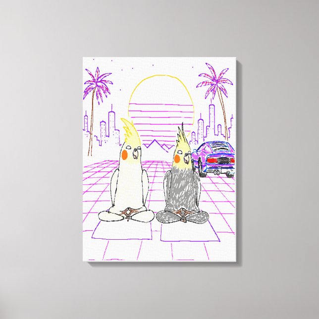 "Impression sur toile Cockatiels Vaporwave Coucher (Recto)