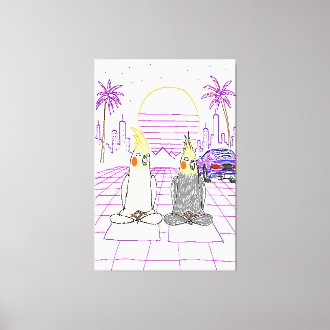 "Impression sur toile Cockatiels Vaporwave Coucher (Recto)