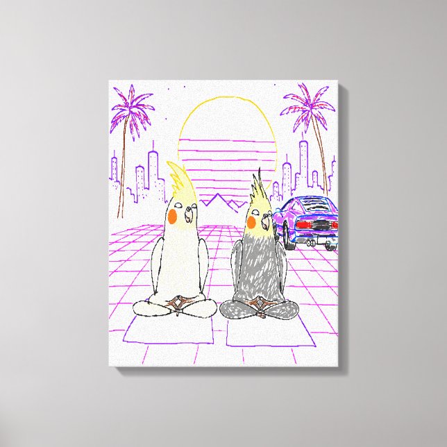 "Impression sur toile Cockatiels Vaporwave Coucher (Recto)