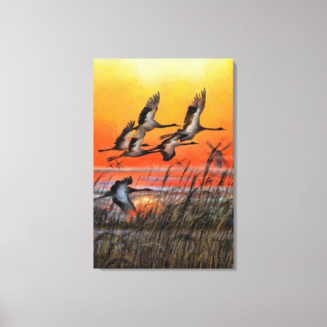 Impression sur toile Coucher de soleil avec oiseau (Recto)