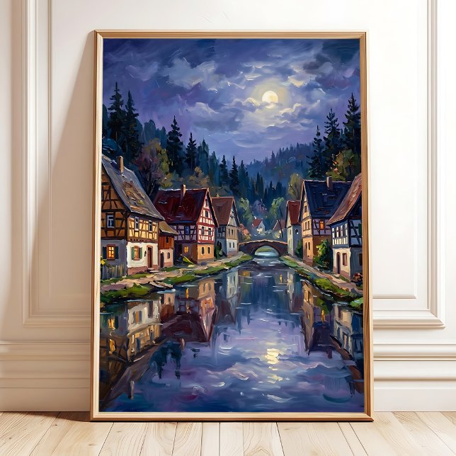 Impression sur toile d'art de village sous la lune (Créateur téléchargé)