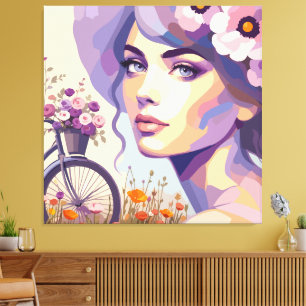 Impression sur toile de femme à bicyclette florale