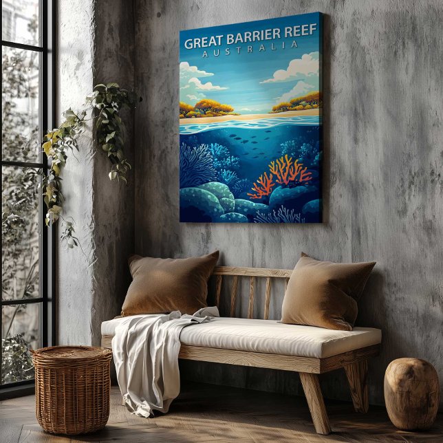 Impression sur toile de la destination Grande Barr (Great Barrier Reef Australia Travel Poster Canvas Wall Art by TinkPrints.)