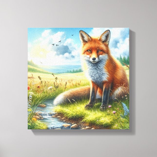 Impression sur toile étendue Renard roux assis au  (Recto)