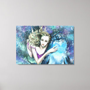Impression sur toile - Femme et dauphins amis - Pe