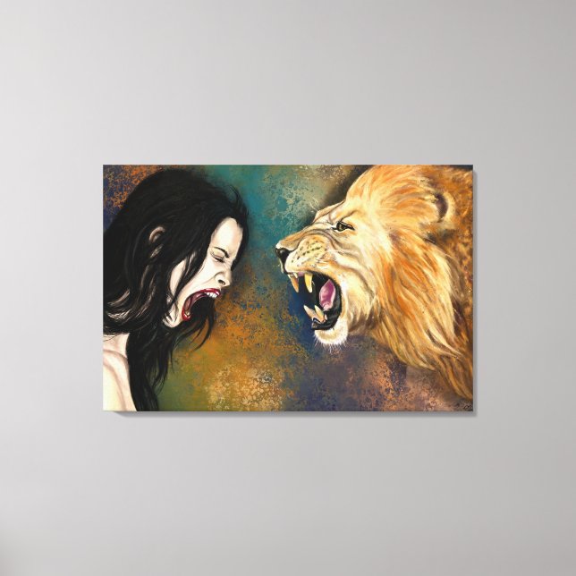 Impression sur toile Femme et Lion qui crient - Pe (Recto)