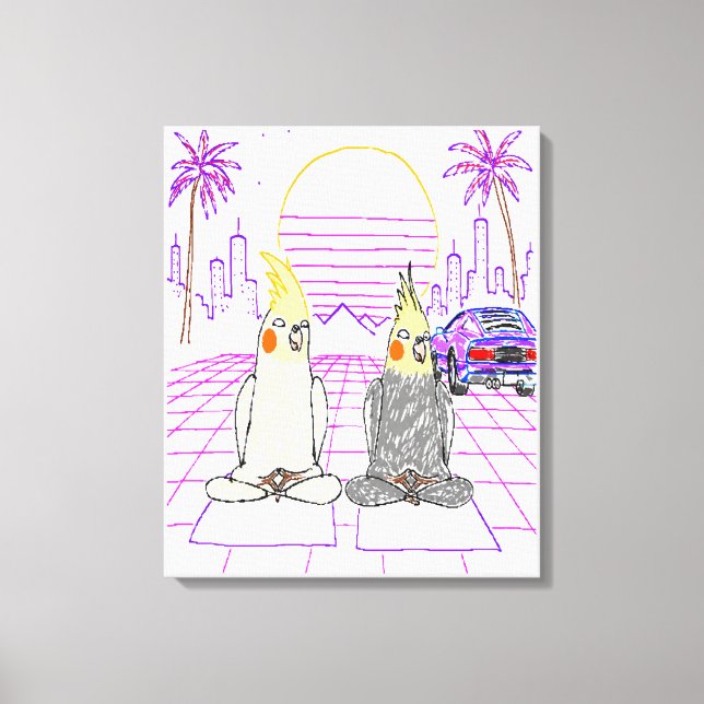 "Impression sur toile Vaporwave Cockatiels Coucher (Recto)