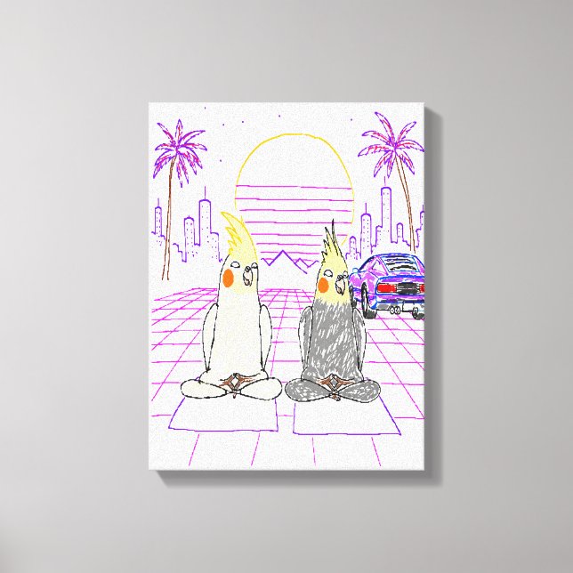 "Impression sur toile Vaporwave Cockatiels Coucher (Recto)