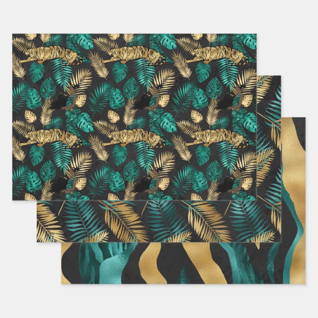 Impression Tigre Doré avec Motif de Feuilles Tropi (Lot)
