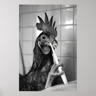 Impression vintage de poulet drôle se brossant les