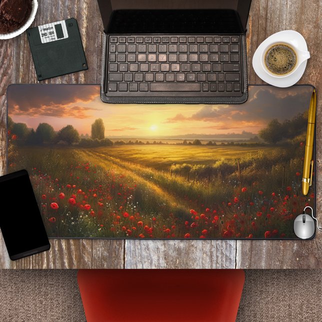 Impressionniste Champ de pavot paysage coucher de  (Desk mat featuring an impressionist painting of a sunset on a field with poppies.)